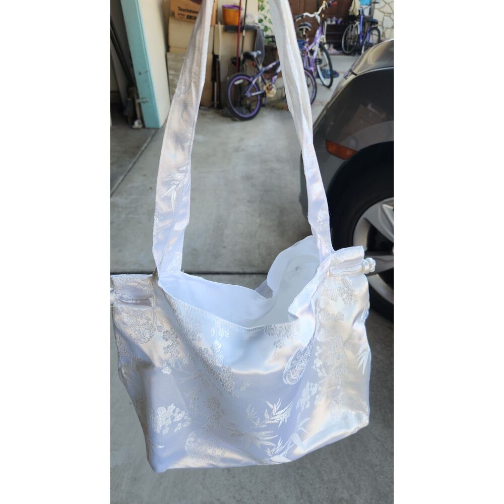 Vintage Chinese Style White Satin Brocade Shoulder Bag Floral Jacquard Tote Y2K